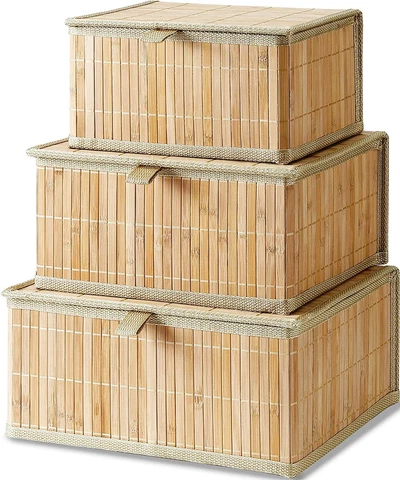 Honygebia Bamboo Decorative Storage Boxes - Rectangle Lined Basket with lids Org Cover