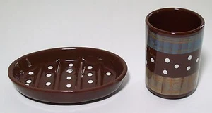 Brown with White Polka Dots Ceramic Soap Dish and Matching Toothbrush Cup - Picture 1 of 12
