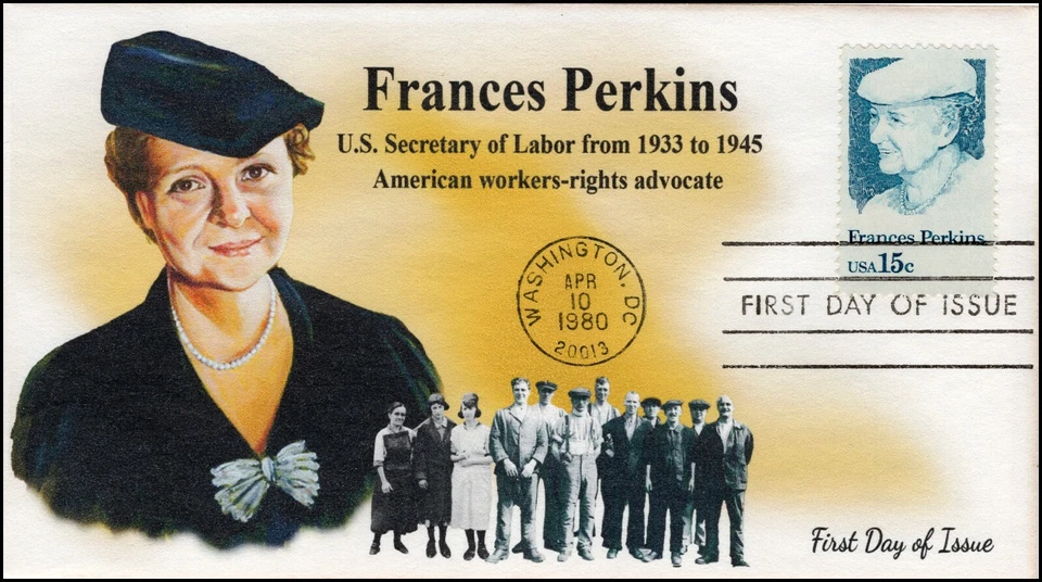 AO-1821, 1980, Frances Perkins, Add-on Cachet, Pictorial, First Day Cover, - Image 1 of 1