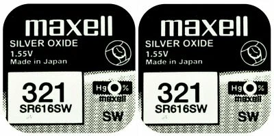 2 x Maxell 321 Pila Batteria Orologio Mercury Free Silver Oxide SR616SW 1.55V