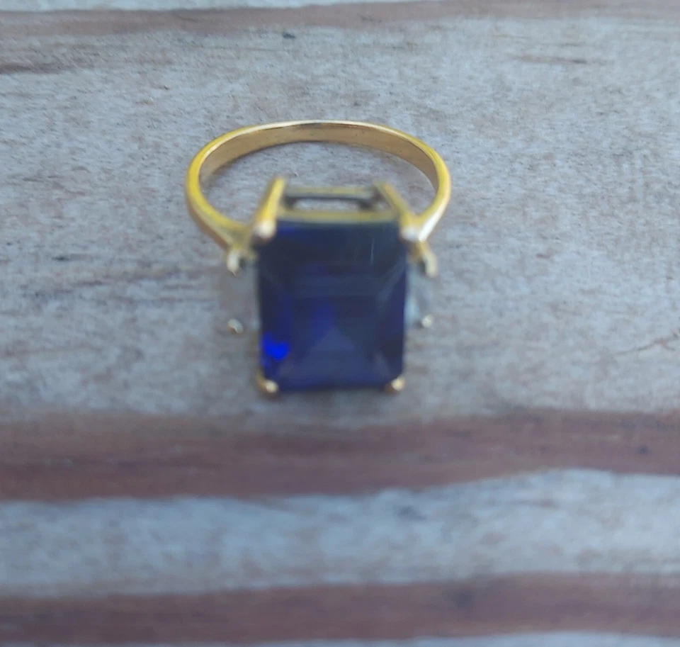 Simulated Sapphire Gold Tone Over 925 Sterling Silver Ring Size 9 - Image 1 of 4