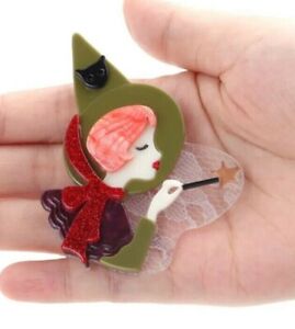 Quirky Lucite  Large Green WITCH with Wand and Cat Brooch -  Wiccan, Pagan!
