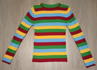 Vtg 70s Mod Stretchy Rib Knit Striped Mock Neck Multicolor Sweater XS - Image 1 of 4