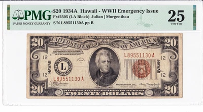 1934A $20 Hawaii WWII Note Fr. 2305 PMG 25 Very Fine SN L89551130A - Image 1 of 2