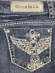Grace in LA Jeans Womens 13 Bootcut Flare Embroidered Rhinestone Wings 34x33 - Picture 1 of 13