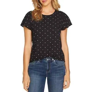 CeCe Top Small Womens Black White Polka Dot Flutter Sleeve Blouse - Picture 1 of 8