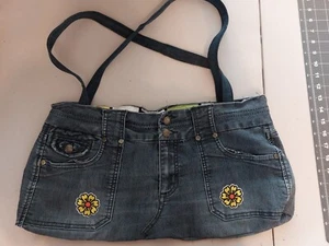 Upcycled Jeans Denim Bag With Flower Patch Accents - Handmade - Picture 1 of 3