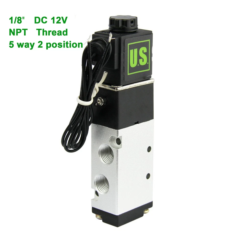 U.S. Solid Pneumatic Solenoid Valve 5 Way 2 Position 1/8 in DC 12V Lead Wire