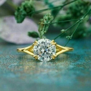 Solitaire Split Shank Wedding Ring 14K Yellow Gold Finish 2 Ct Round Diamond - Picture 1 of 7