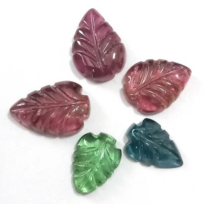 7.97 Cttw,Handcarved Tourmaline Leaf,Lot 5 Pcs.,Christmas Tree Leaf,Multicolour - Image 1 of 4