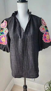 Anthropologie THML Embroidered Flower Bohemian Black Puff Sleeve Top Size S NEW - Picture 1 of 11