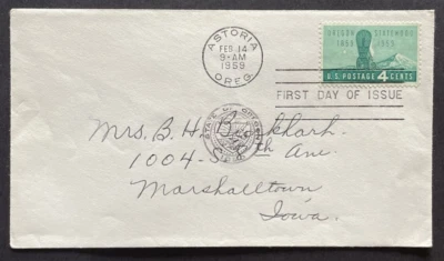 US 1959 FDC Sc# 1124 4c Oregon Statehood Astoria to Marshalltown State Seal - Image 1 of 2