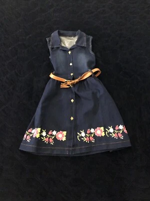 Vestido de mezclilla floral con botones al frente talla 6 con cinturón para niñas Foto 1 de 4