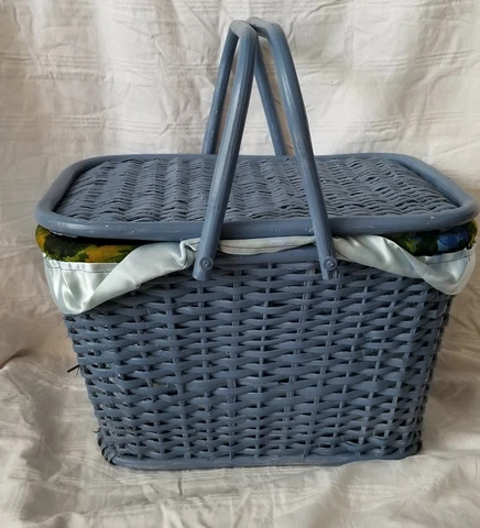 Vintage Picnic Basket Blue Wood Weave 2-Handle Storage Cover
