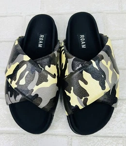 ROAM Leather Slide Sandals, Black Green Grey Yellow Camouflage - Size 37 - Picture 1 of 13