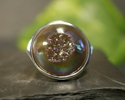 925 Silber Ring TAU Achat Druse Gefärbt Bunt Flop Effekt Hammerschlag Optik - Bild 1 von 4