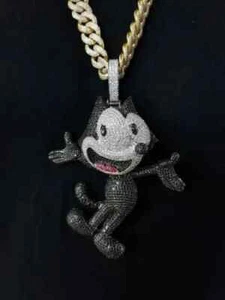3.30Ct Round Cut Black Moissanite Felix Cat Charm Pendant 14K White Gold Plated - Picture 1 of 11