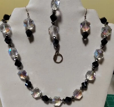 Donna Dressler 925 Set AB and Black Crystals Necklace Bracelet Earrings.  #65 - Image 1 of 4