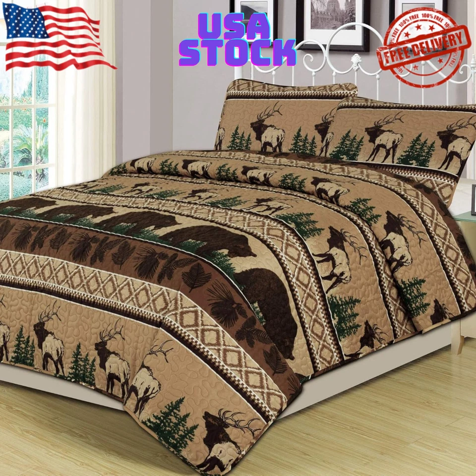 Juego de edredón Bear Mountain de 2 piezas con cabaña de troncos rústica Bear Elk Lodge, King Foto 1 de 1