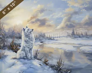 Greenland Dog painting in a serene snowy landscape 8x10 Print - Picture 1 of 1