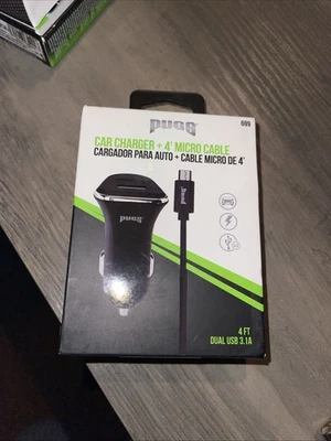 Pugs Gear Car 12V Charger w/ Micro USB 4' Cable Black Model 699/186 A232 - Image 1 of 4