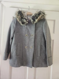 Zara Girl's Gray Hooded Double-breasted Pea Coat Jacket, 11-12, Faux-fur Trim - Picture 1 of 5