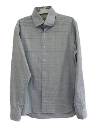 Camicia elegante uomo Eredi Caruso 41/16 L blu a quadri puro cotone Italia lunga #C10 - Immagine 1 di 4