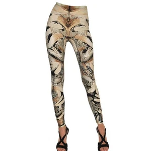 nwot ALEXANDER MCQUEEN Legging ITALY Iconic Dragon-Fly-Print Stretch Ivory-Brown - Picture 1 of 13