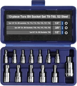 WORKPRO 13-Piece Torx Bit Socket Set T8-T60 1/4", 3/8" and 1/2" Drive S2 Steel - Picture 1 of 10