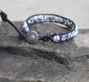 Men's 8mm Natural Fire Agate Black Leather Beaded Bracelet Handmade USA - Picture 1 of 5