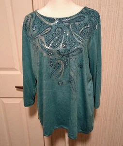 WHITE STAG Damen Jersey Top Gr. XL türkis 3/4 Arm silber Paisley Grafik LNC - Bild 1 von 18