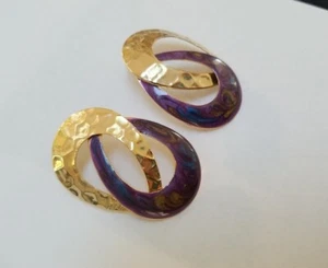 VTG Art Deco Gold Tone Purple Interlocking Teardrop / Oval Earrings Pin Piercing - Picture 1 of 5