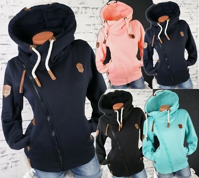 Damen Sweat Jacke Kapuze Hoodie Fleece gefüttert Übergangsjacke Schräg UNI M-7XL - Bild 1 von 4