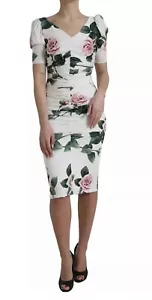LUXURY DOLCE & GABBANA SILK WHITE TROPICAL ROSE DRESS PARTY FLORAL 46IT UK14 XL - Picture 1 of 8