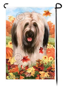 Falling Leaves Garden Flag - Uncropped Light Fawn Briard - Picture 1 of 1