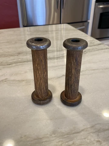 Antique Wooden Spools Sewing Bobbins Pair Industrial Primitive Décor 5” Tall Cover