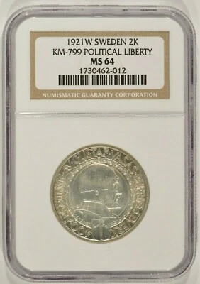 1921-W Sweden Silver 2 Kronor NGC MS64 KM-799 400th Political Liberty Gustaf V - Image 1 of 4