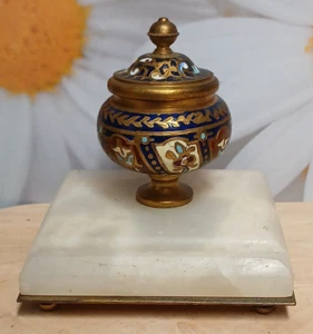 Antique French Enameled Brass Cloisonne Late 19th Century Inkwell on Marble Base - Picture 1 of 10