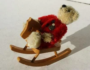 Hermann Teddy Bear Figurine Wooden Rocking Horse Mohair Miniature Red Shirt RARE - Picture 1 of 1