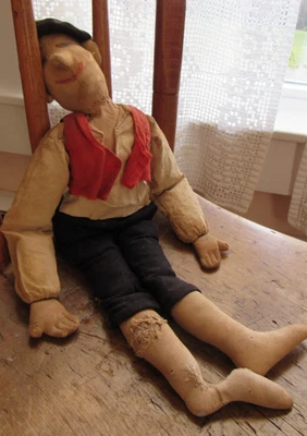 Antique Primitive Cloth Rag Doll Hand Sewn Folk Art Male 15" - Image 1 of 4