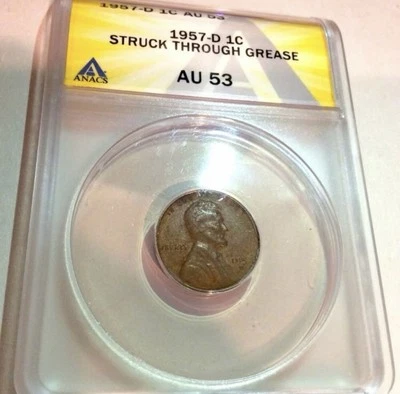 Rare NO 7 in Date! ANACS Struck Through Grease Major Error 1957D Wheat Penny - Image 1 of 4