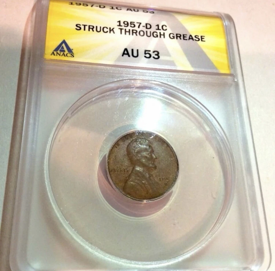 Rare NO 7 in Date! ANACS Struck Through Grease Major Error 1957D Wheat Penny - Image 1 of 4