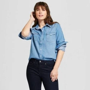 Universal Thread Women's Western Denim Shirt Long Sleeve Button Down Shirt M - Picture 1 of 6