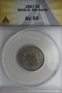 1867 .05 ANACS AU 55 SHIELD NO RAYS Shield Nickel, First Nickels - Picture 1 of 2