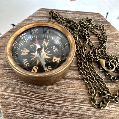 Antique Finish Open Face Brass Compass w/ 27" Chain, Old Pocket Style, Necklace - Image 1 of 4