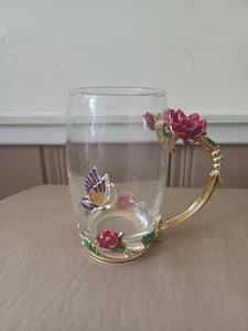 Enamel & Glass Lead Free Cup 13 oz Spoon Hand Made Red Rose & Flower - Picture 1 of 11