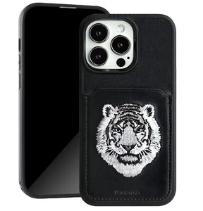 For iPhone 15 Pro Case Premium Embroidery Patchy with Card Pocket - White Tiger - Picture 1 of 7