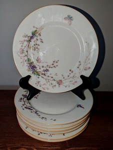 Set of 7 Antique 8 3/4"" Plates with Wildflowers and Butterfly Gold Rim - Picture 1 of 6