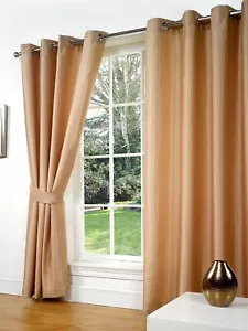 Latte Faux Silk Slubbed Slubbed Eyelet, Ring Top, Pair Curtains Inc Tiebacks - Picture 1 of 26