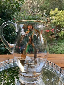 Art Deco Set 6 Hand blown & Painted Pitcher & Glasses Chinese Cranes & flowers - Picture 1 of 14